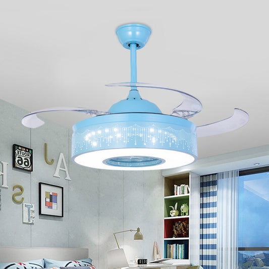 4 Blades Metallic Ring Semi Flush Lighting Modern 36" W LED Pendant Fan Lamp Fixture in Pink/Blue with Hollowed Out Design, Wall/Remote Control Blue Clearhalo 'Ceiling Fans with Lights' 'Ceiling Fans' 'Kids Ceiling Fans' 'Kids' Lighting' 403778