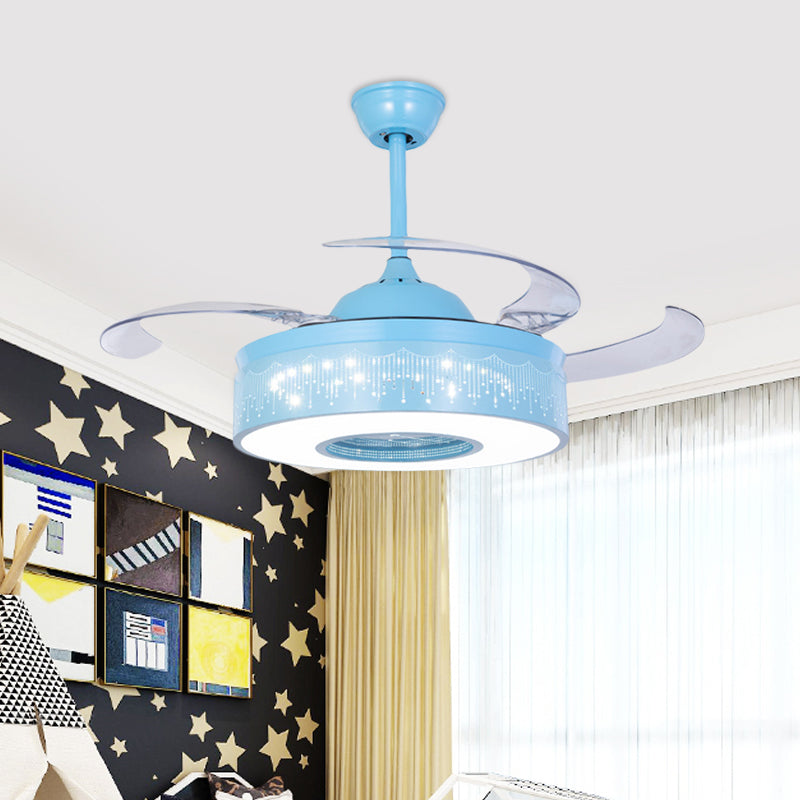 4 Blades Metallic Ring Semi Flush Lighting Modern 36" W LED Pendant Fan Lamp Fixture in Pink/Blue with Hollowed Out Design, Wall/Remote Control Clearhalo 'Ceiling Fans with Lights' 'Ceiling Fans' 'Kids Ceiling Fans' 'Kids' Lighting' 403779