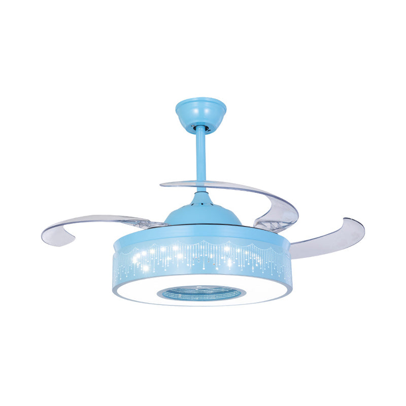 4 Blades Metallic Ring Semi Flush Lighting Modern 36" W LED Pendant Fan Lamp Fixture in Pink/Blue with Hollowed Out Design, Wall/Remote Control Clearhalo 'Ceiling Fans with Lights' 'Ceiling Fans' 'Kids Ceiling Fans' 'Kids' Lighting' 403780
