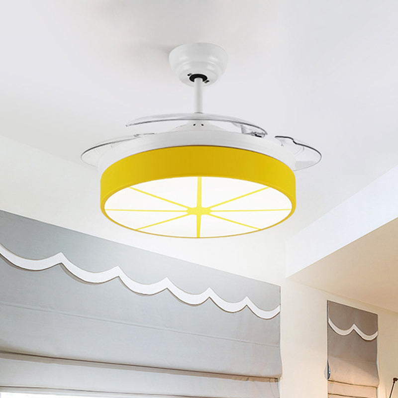 Minimalist Round Semi Flushmount Acrylic Bedroom LED Hanging Fan Light Fixture in Yellow with 3 Clear Blades, 42" Wide Yellow Clearhalo 'Ceiling Fans with Lights' 'Ceiling Fans' 'Kids Ceiling Fans' 'Kids' Lighting' 403782