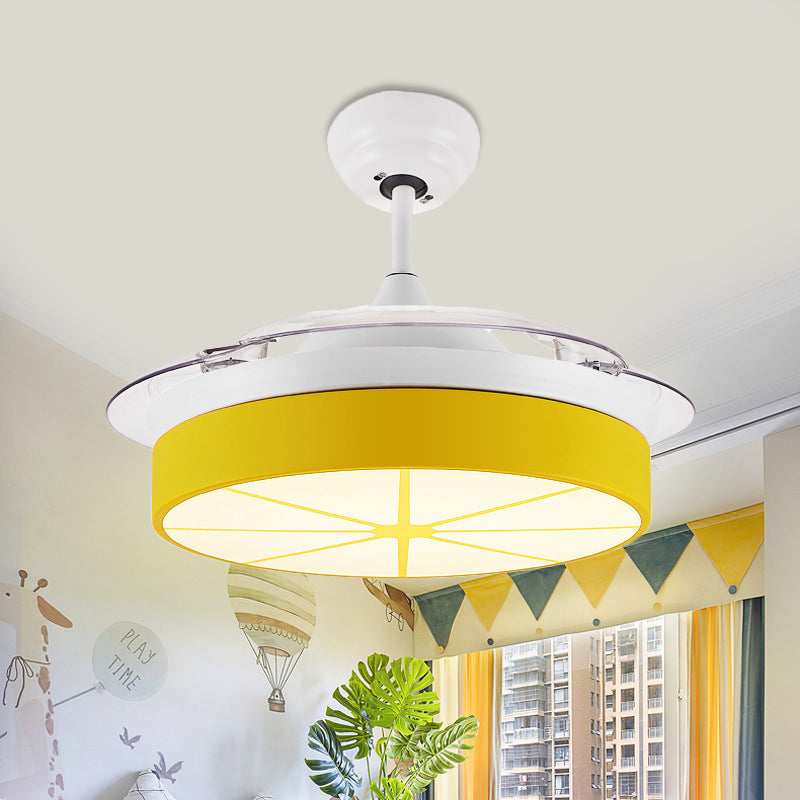 Minimalist Round Semi Flushmount Acrylic Bedroom LED Hanging Fan Light Fixture in Yellow with 3 Clear Blades, 42" Wide Clearhalo 'Ceiling Fans with Lights' 'Ceiling Fans' 'Kids Ceiling Fans' 'Kids' Lighting' 403783