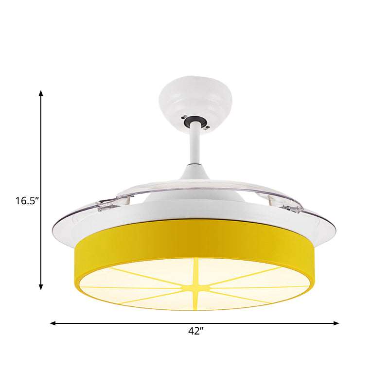 Minimalist Round Semi Flushmount Acrylic Bedroom LED Hanging Fan Light Fixture in Yellow with 3 Clear Blades, 42" Wide Clearhalo 'Ceiling Fans with Lights' 'Ceiling Fans' 'Kids Ceiling Fans' 'Kids' Lighting' 403786
