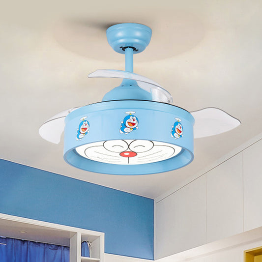 36" W LED Bedroom Ceiling Pendant Fan Light Kids Pink/Blue Finish 3 Blades Semi Flush Lamp with Drum Metal Shade, Cartoon Cat Pattern Blue Clearhalo 'Ceiling Fans with Lights' 'Ceiling Fans' 'Kids Ceiling Fans' 'Kids' Lighting' 403787