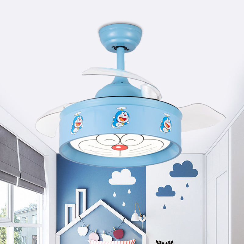 36" W LED Bedroom Ceiling Pendant Fan Light Kids Pink/Blue Finish 3 Blades Semi Flush Lamp with Drum Metal Shade, Cartoon Cat Pattern Clearhalo 'Ceiling Fans with Lights' 'Ceiling Fans' 'Kids Ceiling Fans' 'Kids' Lighting' 403788