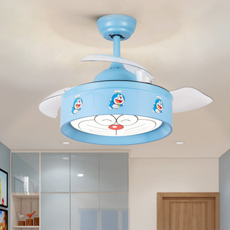 36" W LED Bedroom Ceiling Pendant Fan Light Kids Pink/Blue Finish 3 Blades Semi Flush Lamp with Drum Metal Shade, Cartoon Cat Pattern Clearhalo 'Ceiling Fans with Lights' 'Ceiling Fans' 'Kids Ceiling Fans' 'Kids' Lighting' 403789