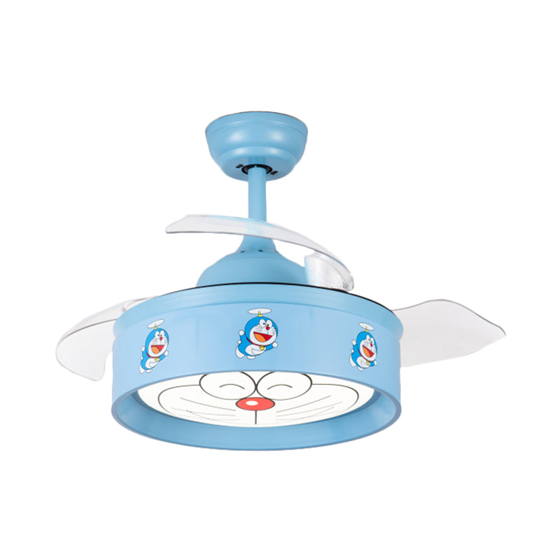 36" W LED Bedroom Ceiling Pendant Fan Light Kids Pink/Blue Finish 3 Blades Semi Flush Lamp with Drum Metal Shade, Cartoon Cat Pattern Clearhalo 'Ceiling Fans with Lights' 'Ceiling Fans' 'Kids Ceiling Fans' 'Kids' Lighting' 403790