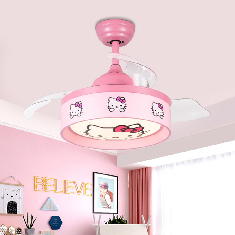 36" W LED Bedroom Ceiling Pendant Fan Light Kids Pink/Blue Finish 3 Blades Semi Flush Lamp with Drum Metal Shade, Cartoon Cat Pattern Pink Clearhalo 'Ceiling Fans with Lights' 'Ceiling Fans' 'Kids Ceiling Fans' 'Kids' Lighting' 403792