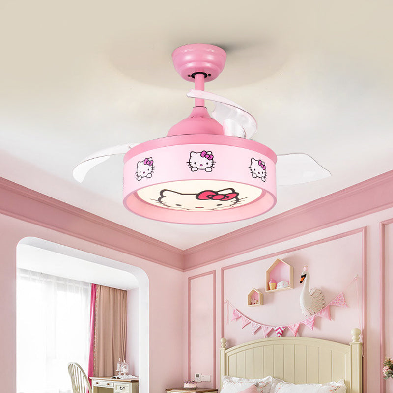 36" W LED Bedroom Ceiling Pendant Fan Light Kids Pink/Blue Finish 3 Blades Semi Flush Lamp with Drum Metal Shade, Cartoon Cat Pattern Clearhalo 'Ceiling Fans with Lights' 'Ceiling Fans' 'Kids Ceiling Fans' 'Kids' Lighting' 403793