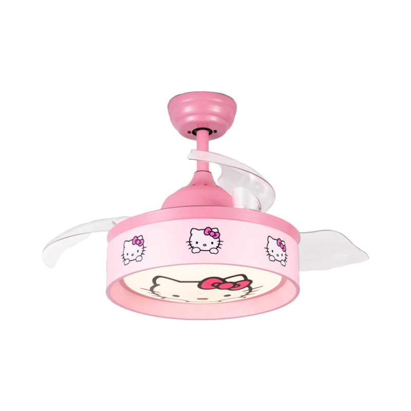 36" W LED Bedroom Ceiling Pendant Fan Light Kids Pink/Blue Finish 3 Blades Semi Flush Lamp with Drum Metal Shade, Cartoon Cat Pattern Clearhalo 'Ceiling Fans with Lights' 'Ceiling Fans' 'Kids Ceiling Fans' 'Kids' Lighting' 403794