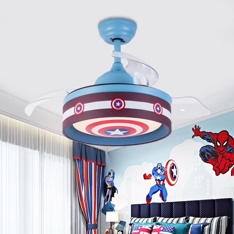 Pink/Blue Round 3 Blades Semi Flush Light Kids LED Metallic Hanging Ceiling Fan Lamp with Hero Shield Pattern, 36" Wide Clearhalo 'Ceiling Fans with Lights' 'Ceiling Fans' 'Kids Ceiling Fans' 'Kids' Lighting' 403796