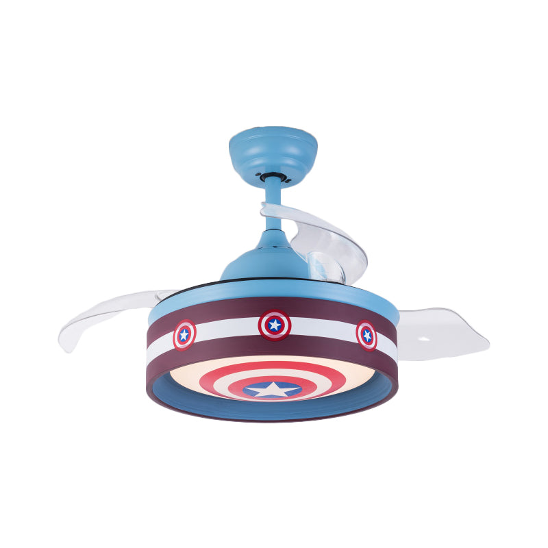 Pink/Blue Round 3 Blades Semi Flush Light Kids LED Metallic Hanging Ceiling Fan Lamp with Hero Shield Pattern, 36" Wide Clearhalo 'Ceiling Fans with Lights' 'Ceiling Fans' 'Kids Ceiling Fans' 'Kids' Lighting' 403797