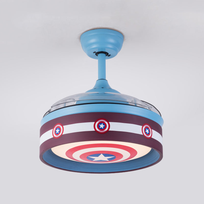Pink/Blue Round 3 Blades Semi Flush Light Kids LED Metallic Hanging Ceiling Fan Lamp with Hero Shield Pattern, 36" Wide Clearhalo 'Ceiling Fans with Lights' 'Ceiling Fans' 'Kids Ceiling Fans' 'Kids' Lighting' 403798