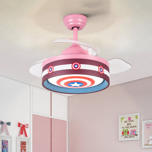 Pink/Blue Round 3 Blades Semi Flush Light Kids LED Metallic Hanging Ceiling Fan Lamp with Hero Shield Pattern, 36" Wide Pink Clearhalo 'Ceiling Fans with Lights' 'Ceiling Fans' 'Kids Ceiling Fans' 'Kids' Lighting' 403800