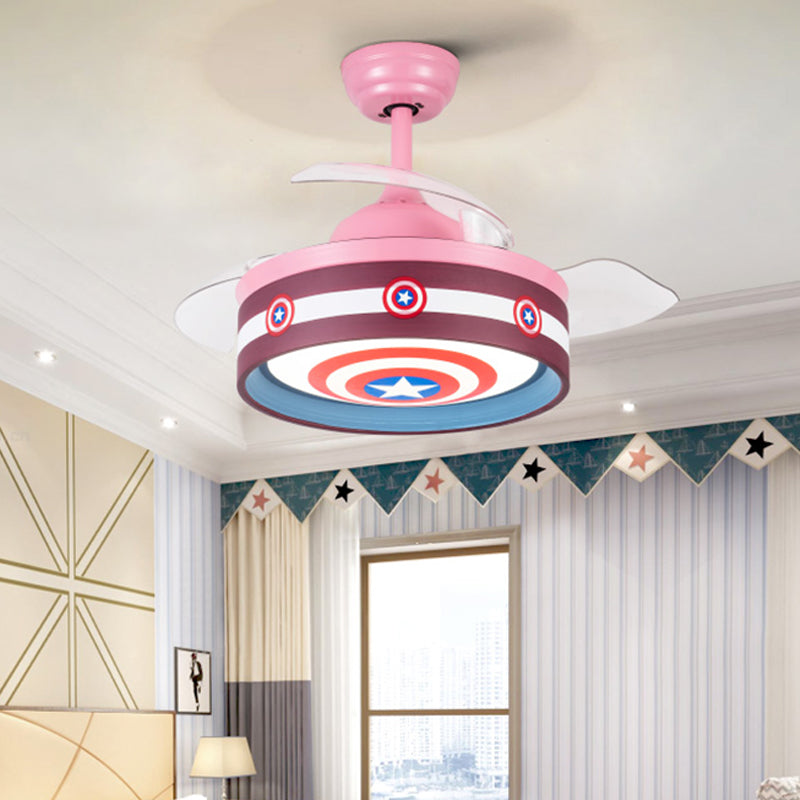Pink/Blue Round 3 Blades Semi Flush Light Kids LED Metallic Hanging Ceiling Fan Lamp with Hero Shield Pattern, 36" Wide Clearhalo 'Ceiling Fans with Lights' 'Ceiling Fans' 'Kids Ceiling Fans' 'Kids' Lighting' 403801