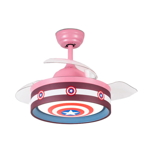 Pink/Blue Round 3 Blades Semi Flush Light Kids LED Metallic Hanging Ceiling Fan Lamp with Hero Shield Pattern, 36" Wide Clearhalo 'Ceiling Fans with Lights' 'Ceiling Fans' 'Kids Ceiling Fans' 'Kids' Lighting' 403802