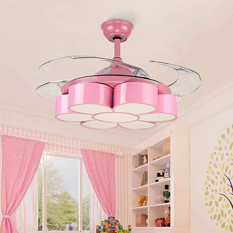 42" W Flower Bedroom Ceiling Fan Light Fixture Metal LED Kids Semi Flush Mounted Lamp in Pink with 3 Clear Blades, Remote/Wall and Remote Control Pink Clearhalo 'Ceiling Fans with Lights' 'Ceiling Fans' 'Kids Ceiling Fans' 'Kids' Lighting' 403803