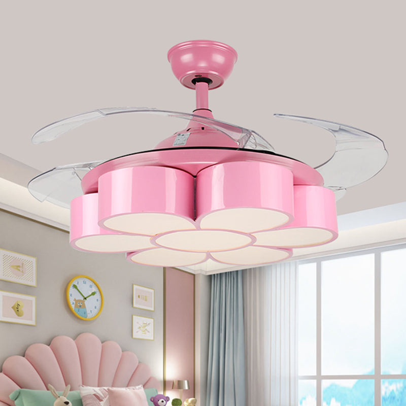 42" W Flower Bedroom Ceiling Fan Light Fixture Metal LED Kids Semi Flush Mounted Lamp in Pink with 3 Clear Blades, Remote/Wall and Remote Control Clearhalo 'Ceiling Fans with Lights' 'Ceiling Fans' 'Kids Ceiling Fans' 'Kids' Lighting' 403804