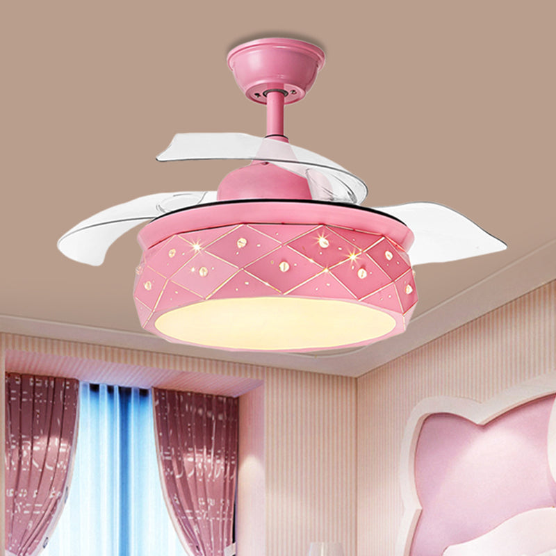 3 Blades Metallic Drum Hanging Fan Lighting Modernism 42" W LED Semi Flush Lamp in Pink/Blue with Acrylic Shade, Remote/Wall and Remote Control Pink Clearhalo 'Ceiling Fans with Lights' 'Ceiling Fans' 'Kids Ceiling Fans' 'Kids' Lighting' 403808