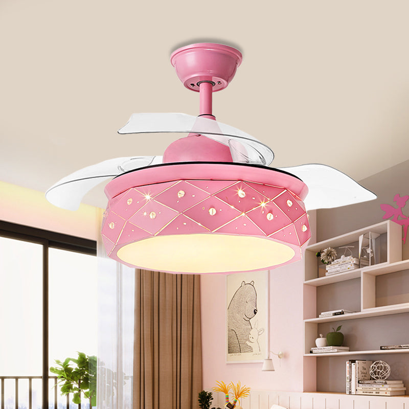 3 Blades Metallic Drum Hanging Fan Lighting Modernism 42" W LED Semi Flush Lamp in Pink/Blue with Acrylic Shade, Remote/Wall and Remote Control Clearhalo 'Ceiling Fans with Lights' 'Ceiling Fans' 'Kids Ceiling Fans' 'Kids' Lighting' 403810