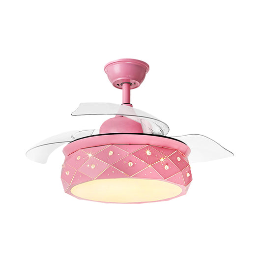3 Blades Metallic Drum Hanging Fan Lighting Modernism 42" W LED Semi Flush Lamp in Pink/Blue with Acrylic Shade, Remote/Wall and Remote Control Clearhalo 'Ceiling Fans with Lights' 'Ceiling Fans' 'Kids Ceiling Fans' 'Kids' Lighting' 403811