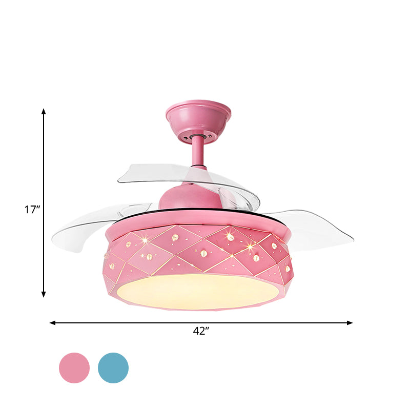 3 Blades Metallic Drum Hanging Fan Lighting Modernism 42" W LED Semi Flush Lamp in Pink/Blue with Acrylic Shade, Remote/Wall and Remote Control Clearhalo 'Ceiling Fans with Lights' 'Ceiling Fans' 'Kids Ceiling Fans' 'Kids' Lighting' 403812