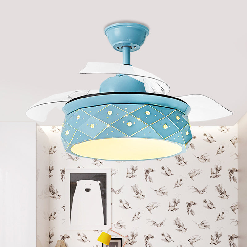 3 Blades Metallic Drum Hanging Fan Lighting Modernism 42" W LED Semi Flush Lamp in Pink/Blue with Acrylic Shade, Remote/Wall and Remote Control Blue Clearhalo 'Ceiling Fans with Lights' 'Ceiling Fans' 'Kids Ceiling Fans' 'Kids' Lighting' 403813