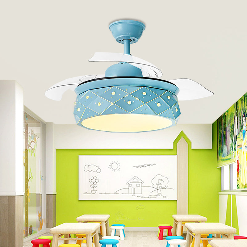 3 Blades Metallic Drum Hanging Fan Lighting Modernism 42" W LED Semi Flush Lamp in Pink/Blue with Acrylic Shade, Remote/Wall and Remote Control Clearhalo 'Ceiling Fans with Lights' 'Ceiling Fans' 'Kids Ceiling Fans' 'Kids' Lighting' 403814