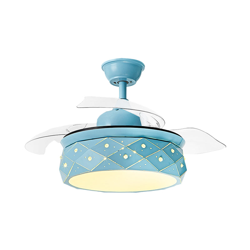 3 Blades Metallic Drum Hanging Fan Lighting Modernism 42" W LED Semi Flush Lamp in Pink/Blue with Acrylic Shade, Remote/Wall and Remote Control Clearhalo 'Ceiling Fans with Lights' 'Ceiling Fans' 'Kids Ceiling Fans' 'Kids' Lighting' 403815