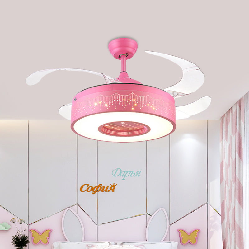 Ring Metal Semi Flush Lighting Kids Pink/Blue Finish 4 Blades LED Pendant Fan Lamp for Bedroom, 42" Wide Pink Clearhalo 'Ceiling Fans with Lights' 'Ceiling Fans' 'Kids Ceiling Fans' 'Kids' Lighting' 403816