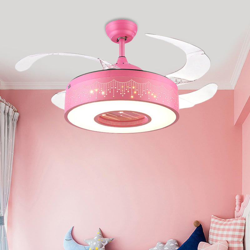 Ring Metal Semi Flush Lighting Kids Pink/Blue Finish 4 Blades LED Pendant Fan Lamp for Bedroom, 42" Wide Clearhalo 'Ceiling Fans with Lights' 'Ceiling Fans' 'Kids Ceiling Fans' 'Kids' Lighting' 403817