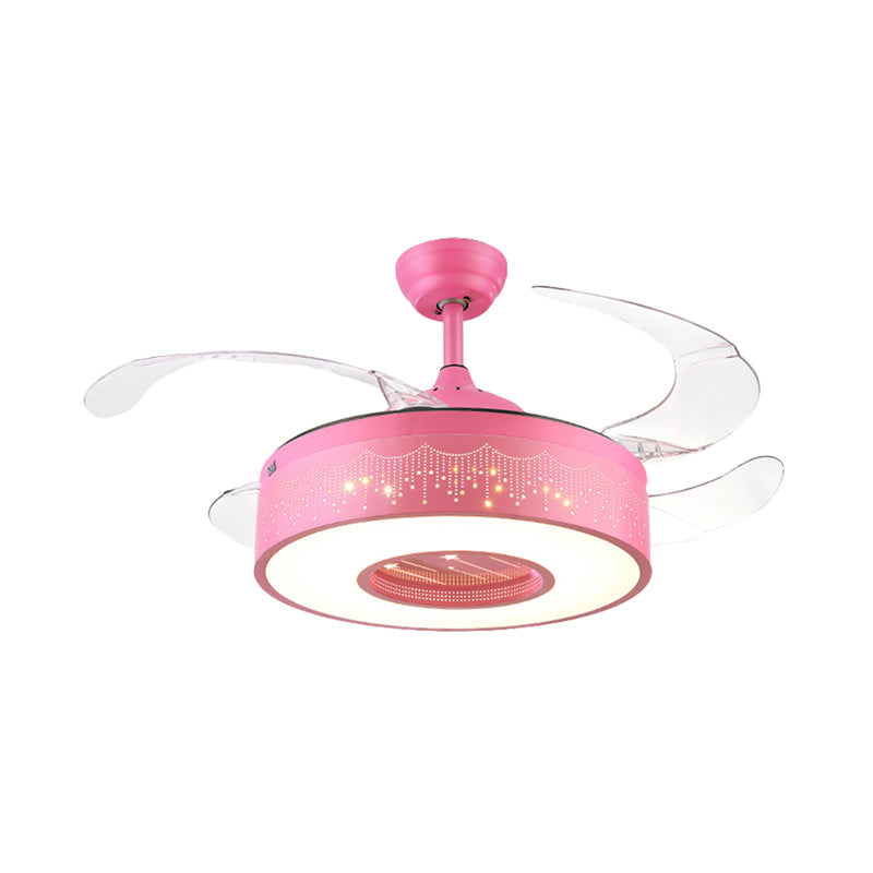 Ring Metal Semi Flush Lighting Kids Pink/Blue Finish 4 Blades LED Pendant Fan Lamp for Bedroom, 42" Wide Clearhalo 'Ceiling Fans with Lights' 'Ceiling Fans' 'Kids Ceiling Fans' 'Kids' Lighting' 403818