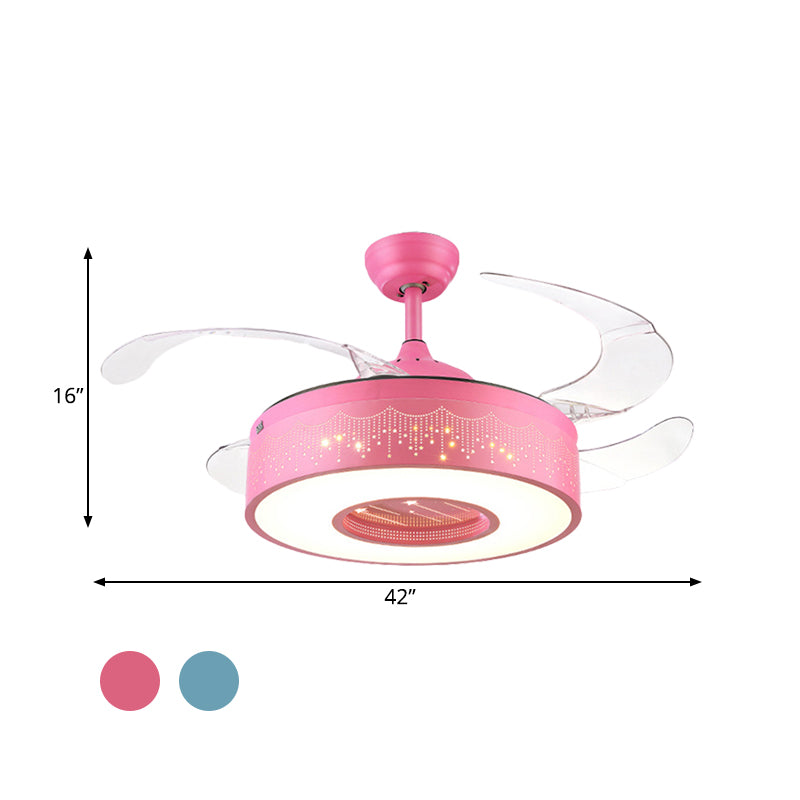 Ring Metal Semi Flush Lighting Kids Pink/Blue Finish 4 Blades LED Pendant Fan Lamp for Bedroom, 42" Wide Clearhalo 'Ceiling Fans with Lights' 'Ceiling Fans' 'Kids Ceiling Fans' 'Kids' Lighting' 403819