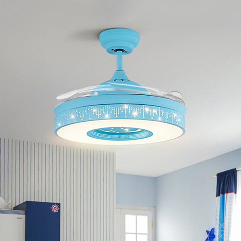 Ring Metal Semi Flush Lighting Kids Pink/Blue Finish 4 Blades LED Pendant Fan Lamp for Bedroom, 42" Wide Clearhalo 'Ceiling Fans with Lights' 'Ceiling Fans' 'Kids Ceiling Fans' 'Kids' Lighting' 403821