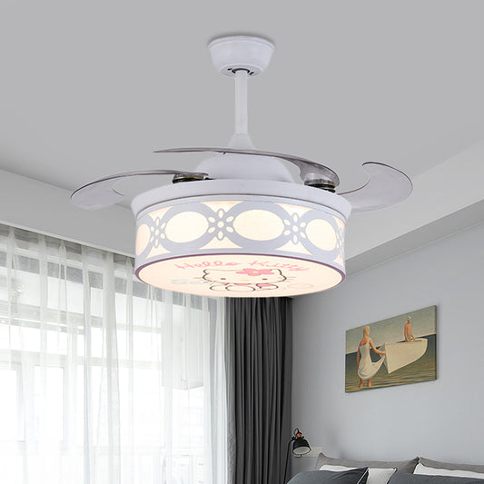 4 Blades Drum Semi Flush Mount Lamp Kids Metal Bedroom 36" W LED Hanging Pendant Fan Light in White/Pink with Cartoon Cat Pattern, Remote/Wall and Remote Control White Clearhalo 'Ceiling Fans with Lights' 'Ceiling Fans' 'Kids Ceiling Fans' 'Kids' Lighting' 403823