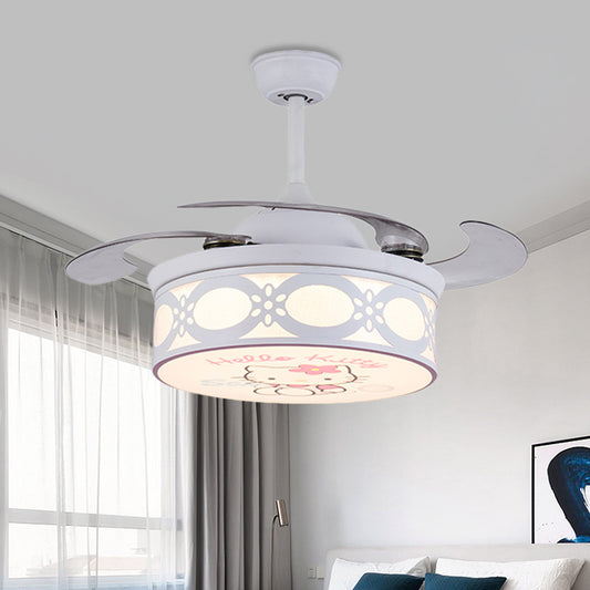 4 Blades Drum Semi Flush Mount Lamp Kids Metal Bedroom 36" W LED Hanging Pendant Fan Light in White/Pink with Cartoon Cat Pattern, Remote/Wall and Remote Control Clearhalo 'Ceiling Fans with Lights' 'Ceiling Fans' 'Kids Ceiling Fans' 'Kids' Lighting' 403824