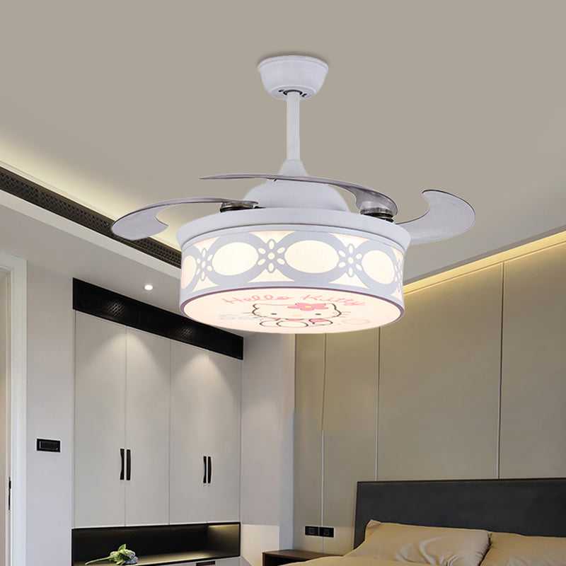 4 Blades Drum Semi Flush Mount Lamp Kids Metal Bedroom 36" W LED Hanging Pendant Fan Light in White/Pink with Cartoon Cat Pattern, Remote/Wall and Remote Control Clearhalo 'Ceiling Fans with Lights' 'Ceiling Fans' 'Kids Ceiling Fans' 'Kids' Lighting' 403825