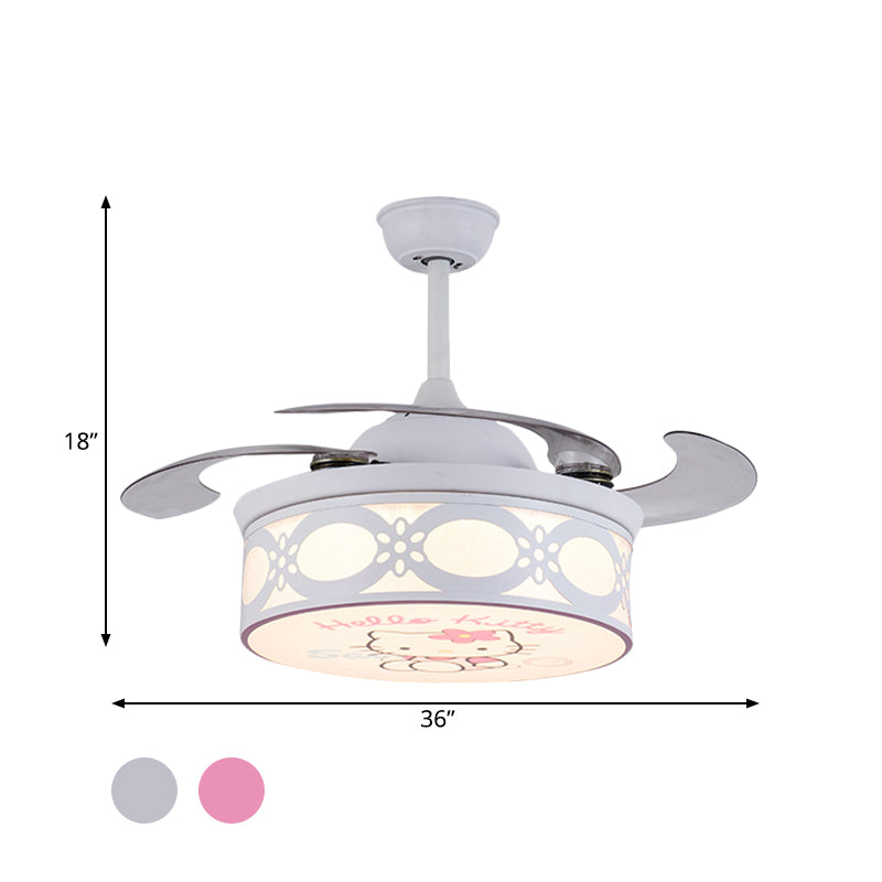 4 Blades Drum Semi Flush Mount Lamp Kids Metal Bedroom 36" W LED Hanging Pendant Fan Light in White/Pink with Cartoon Cat Pattern, Remote/Wall and Remote Control Clearhalo 'Ceiling Fans with Lights' 'Ceiling Fans' 'Kids Ceiling Fans' 'Kids' Lighting' 403827