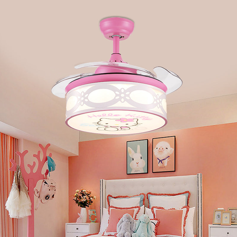 4 Blades Drum Semi Flush Mount Lamp Kids Metal Bedroom 36" W LED Hanging Pendant Fan Light in White/Pink with Cartoon Cat Pattern, Remote/Wall and Remote Control Clearhalo 'Ceiling Fans with Lights' 'Ceiling Fans' 'Kids Ceiling Fans' 'Kids' Lighting' 403829