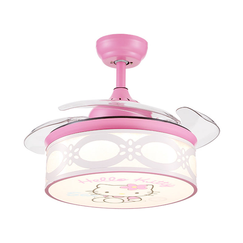 4 Blades Drum Semi Flush Mount Lamp Kids Metal Bedroom 36" W LED Hanging Pendant Fan Light in White/Pink with Cartoon Cat Pattern, Remote/Wall and Remote Control Clearhalo 'Ceiling Fans with Lights' 'Ceiling Fans' 'Kids Ceiling Fans' 'Kids' Lighting' 403830