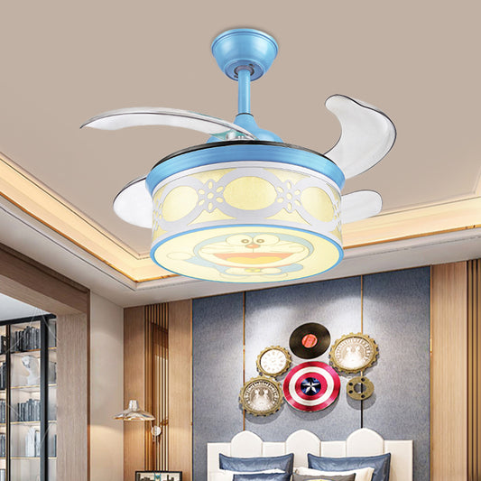 36" W Blue Drum Pendant Ceiling Fan Light Kids Metallic LED Semi Flushmount for Bedroom with 4 Clear Blades, Wall and Remote/Remote Control Blue Clearhalo 'Ceiling Fans with Lights' 'Ceiling Fans' 'Kids Ceiling Fans' 'Kids' Lighting' 403831