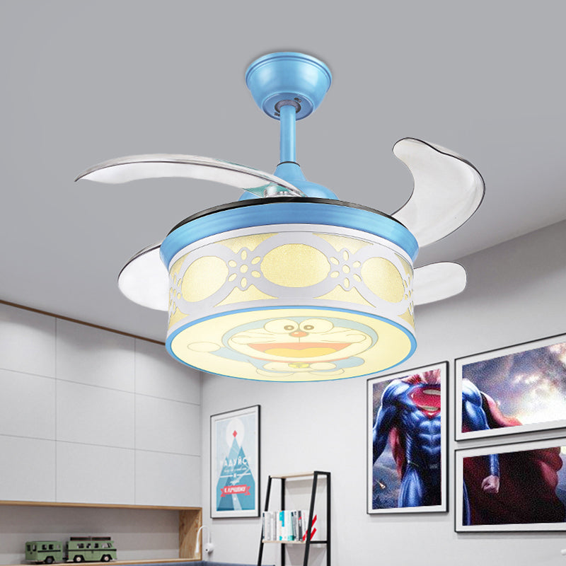36" W Blue Drum Pendant Ceiling Fan Light Kids Metallic LED Semi Flushmount for Bedroom with 4 Clear Blades, Wall and Remote/Remote Control Clearhalo 'Ceiling Fans with Lights' 'Ceiling Fans' 'Kids Ceiling Fans' 'Kids' Lighting' 403832