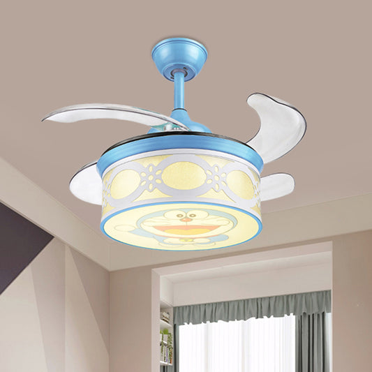 36" W Blue Drum Pendant Ceiling Fan Light Kids Metallic LED Semi Flushmount for Bedroom with 4 Clear Blades, Wall and Remote/Remote Control Clearhalo 'Ceiling Fans with Lights' 'Ceiling Fans' 'Kids Ceiling Fans' 'Kids' Lighting' 403833