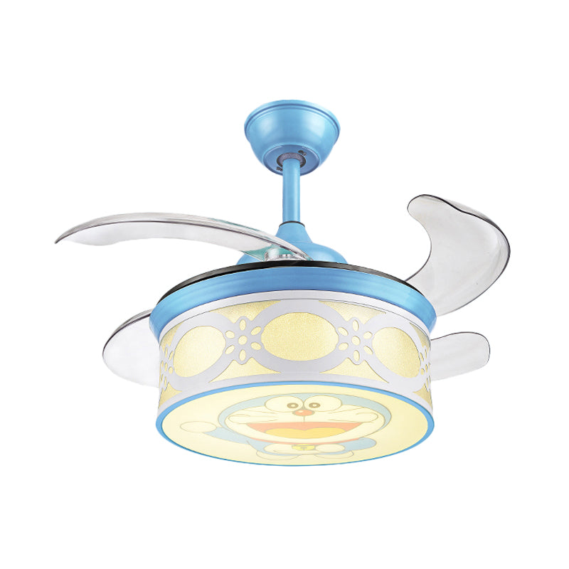 36" W Blue Drum Pendant Ceiling Fan Light Kids Metallic LED Semi Flushmount for Bedroom with 4 Clear Blades, Wall and Remote/Remote Control Clearhalo 'Ceiling Fans with Lights' 'Ceiling Fans' 'Kids Ceiling Fans' 'Kids' Lighting' 403834