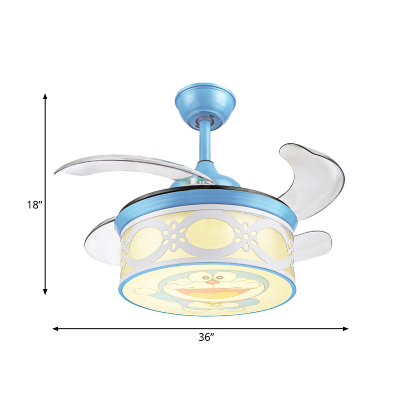 36" W Blue Drum Pendant Ceiling Fan Light Kids Metallic LED Semi Flushmount for Bedroom with 4 Clear Blades, Wall and Remote/Remote Control Clearhalo 'Ceiling Fans with Lights' 'Ceiling Fans' 'Kids Ceiling Fans' 'Kids' Lighting' 403835