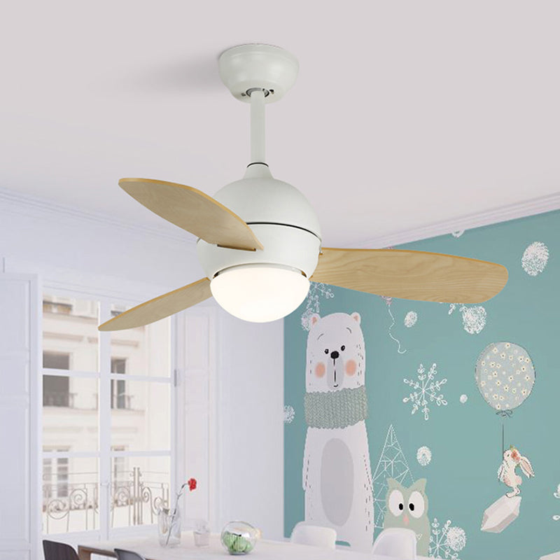 Dome Kids Bedroom Pendant Fan Lamp Metal 36" W LED Modern Semi Flush Ceiling Light in White/Yellow/Blue with Wall/Remote Control, 3 Wood Blades White Clearhalo 'Ceiling Fans with Lights' 'Ceiling Fans' 'Kids Ceiling Fans' 'Kids' Lighting' 403851