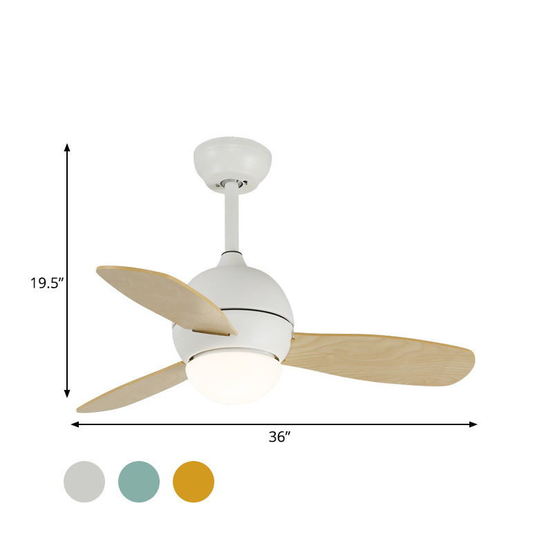 Dome Kids Bedroom Pendant Fan Lamp Metal 36" W LED Modern Semi Flush Ceiling Light in White/Yellow/Blue with Wall/Remote Control, 3 Wood Blades Clearhalo 'Ceiling Fans with Lights' 'Ceiling Fans' 'Kids Ceiling Fans' 'Kids' Lighting' 403855