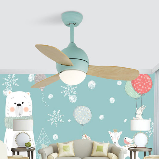 Dome Kids Bedroom Pendant Fan Lamp Metal 36" W LED Modern Semi Flush Ceiling Light in White/Yellow/Blue with Wall/Remote Control, 3 Wood Blades Blue Clearhalo 'Ceiling Fans with Lights' 'Ceiling Fans' 'Kids Ceiling Fans' 'Kids' Lighting' 403856