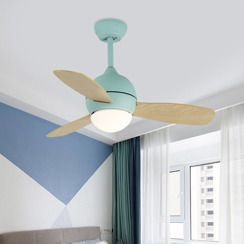 Dome Kids Bedroom Pendant Fan Lamp Metal 36" W LED Modern Semi Flush Ceiling Light in White/Yellow/Blue with Wall/Remote Control, 3 Wood Blades Clearhalo 'Ceiling Fans with Lights' 'Ceiling Fans' 'Kids Ceiling Fans' 'Kids' Lighting' 403857