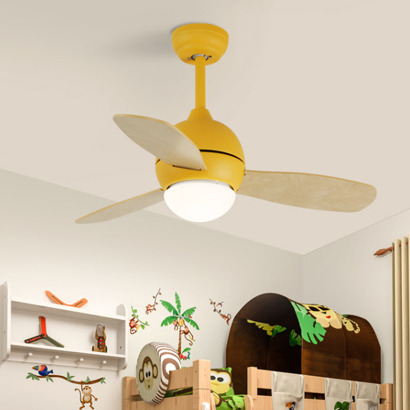 Dome Kids Bedroom Pendant Fan Lamp Metal 36" W LED Modern Semi Flush Ceiling Light in White/Yellow/Blue with Wall/Remote Control, 3 Wood Blades Clearhalo 'Ceiling Fans with Lights' 'Ceiling Fans' 'Kids Ceiling Fans' 'Kids' Lighting' 403860