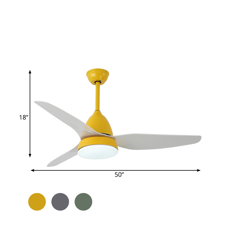 Modern 50" W LED Ceiling Fan Lighting with Acrylic Shade Grey/Yellow/Green Cone Semi Flush Lamp over Dining Table, 3 White Blades Clearhalo 'Ceiling Fans with Lights' 'Ceiling Fans' 'Kids Ceiling Fans' 'Kids' Lighting' 403874